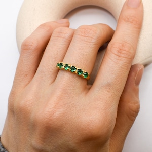 Half Eternity Ring, Gold Emerald Ring, Created Emerald Ring, Gold Eternity Ring, Green Diamond Ring, Gold Vinatge Band, Gold Stackable Band