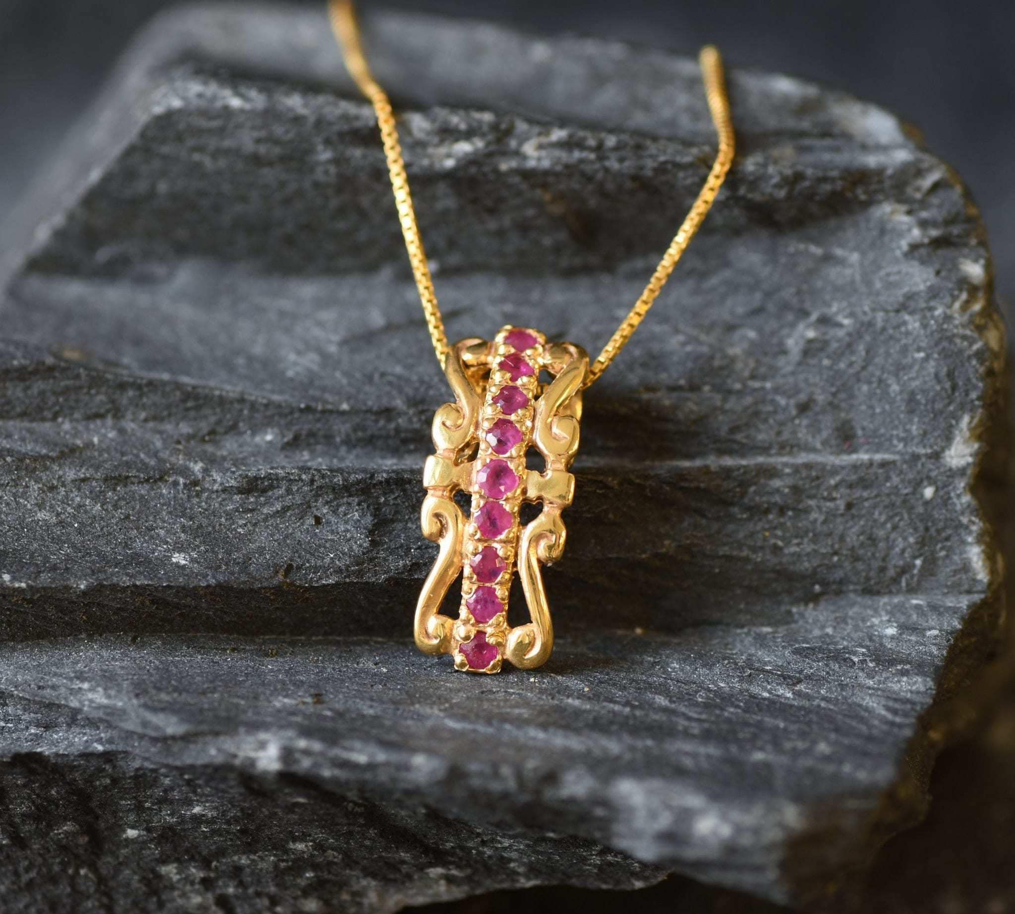 Gold Ruby Pendant, Antique Pendant, Natural Ruby, Vertical