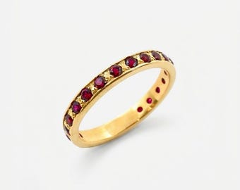 Gold Ruby Ring, Gold Half Eternity Ring, Gold Stackable Ring, Red Ruby Band, Gold Vermeil Band, Ruby Pave, Created Ruby Ring, Created Ruby