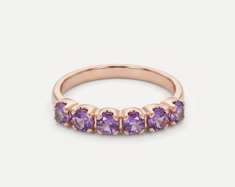 Amethyst Rose Gold Ring, Natural Amethyst, Half Eternity Ring, Stackable Amethyst Ring, Purple Gemstone Ring, Gift For Her, Bands By Adina