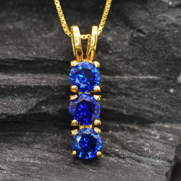 Three Stone Sapphire Necklace, Created Sapphire, Sapphire Trilogy Pendant, Gold Sapphire Pendant, Layering Necklace, Line Pendant, Vermeil