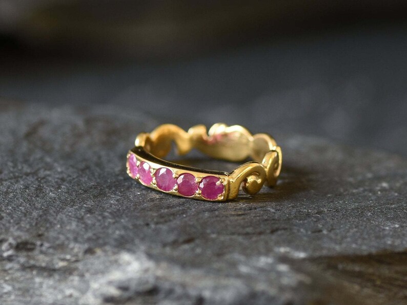 Gold Ruby Ring, Stackable Ring, Natural Ruby, July Birthstone, Vintage Ruby Ring, Gold Wave Band, Half Eternity Ring, July Ring,Gold Vermeil image 6