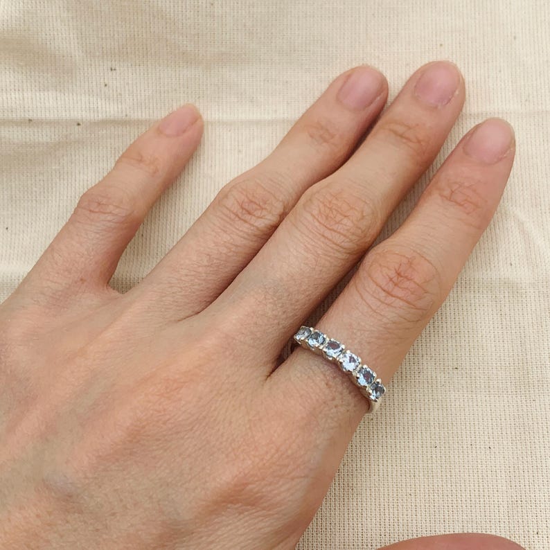 Blue Topaz Ring, Natural Topaz, Stackable Band, Half Eternity Ring, Simple Blue Band, Wedding Band, Sparkly Ring, Wave Band, 925 Silver Ring image 7