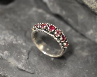 Pink Tourmaline Band, Natural Tourmaline, Half Eternity Ring, October Birthstone, Stackable Band, Thick Band, Pink Ring, Solid Silver Ring