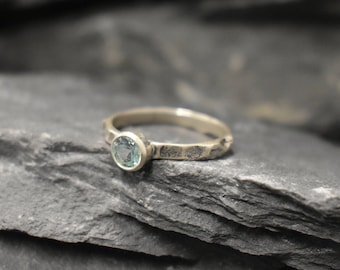Aquamarine Ring, Created Aquamarine, Solitaire Ring, Dainty Ring, Aqua Ring, Stackable Ring, Vintage Ring, Hammered Band, Solid Silver Ring