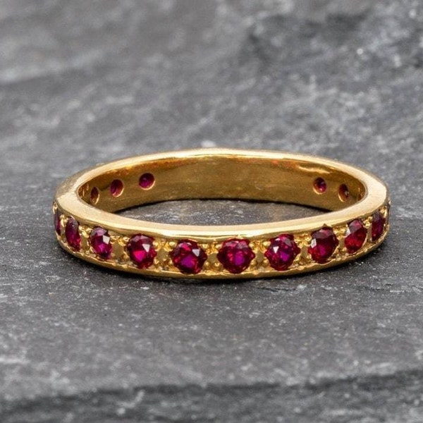 Gold Ruby Ring, Gold Half Eternity Ring, Gold Stackable Ring, Red Ruby Band, Gold Vermeil Band, Ruby Pave, Created Ruby Ring, Created Ruby