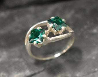Created Emerald Ring, Created Emerald, Asymmetric Ring, Two Stone Ring, Green Diamond Ring, Statement Ring, Unique Ring, Solid Silver Ring
