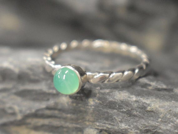Dainty Chrysoprase Ring, Natural Chrysoprase Ring, Green Gem Ring, Stackable Silver Ring, Vintage Ring, Twisted Band, Bands By Adina