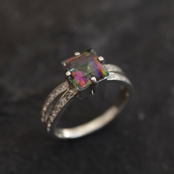 Mystic Topaz Ring, Natural Mystic Topaz, Engagement Ring, Antique Ring, Princess Cut Ring, Solitaire Ring, 3 Carat Ring, Solid Silver Ring