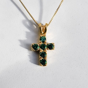 Gold Emerald Cross Pendant, Created Emerald, Gold Emerald Necklace, Green Cross Pendant, Emerald Cross Necklace, Dainty Christian Pendant