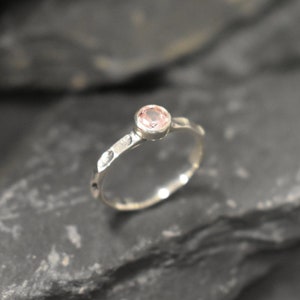 Pink Morganite Ring, Created Morganite, Hammered Band, Dainty Pink Ring, Solitaire Ring, Stackable Ring, Vintage Ring, Solid Silver Ring image 6