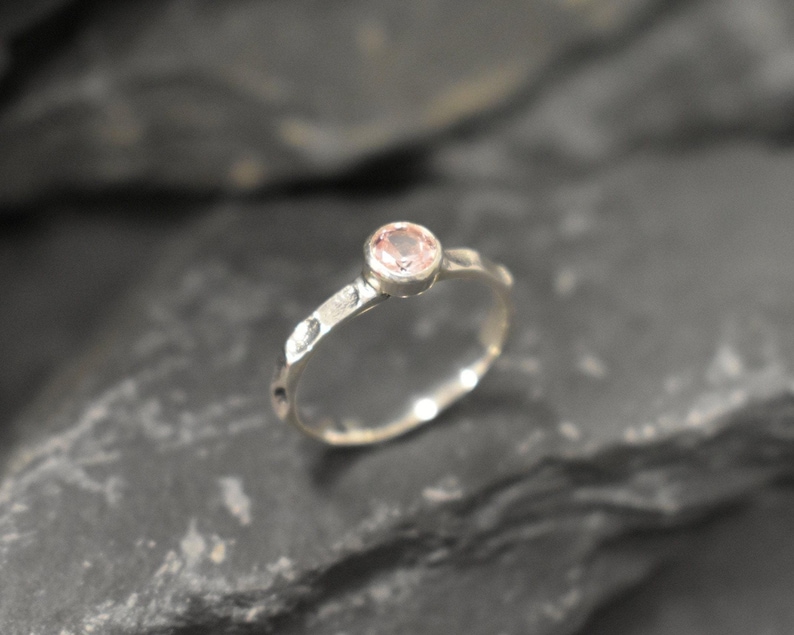 Pink Morganite Ring, Created Morganite, Hammered Band, Dainty Pink Ring, Solitaire Ring, Stackable Ring, Vintage Ring, Solid Silver Ring image 6