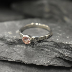 Pink Morganite Ring, Created Morganite, Hammered Band, Dainty Pink Ring, Solitaire Ring, Stackable Ring, Vintage Ring, Solid Silver Ring