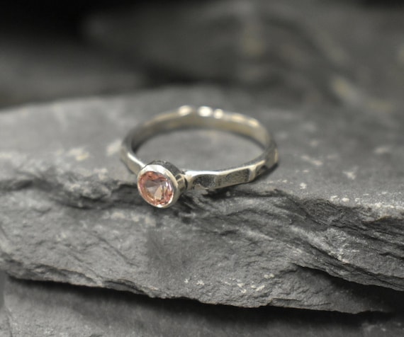 Pink Morganite Ring, Created Morganite, Hammered Band, Dainty Pink Ring, Solitaire Ring, Stackable Ring, Vintage Ring, Solid Silver Ring