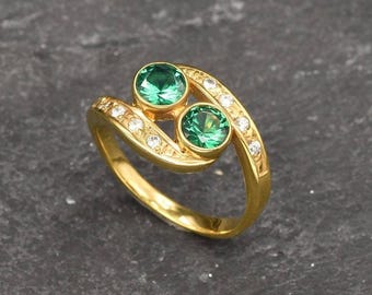 Two Stone Emerald Ring, Gold Emerald Ring, Created Emerald, Bypass Ring, Anniversary Ring, Unique Promise Ring, Bohemian Ring, Gold Vermeil
