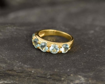 Gold Aquamarine Ring, Created Aqua Ring, Wide Blue Ring, Stackable Ring, 18K Gold Plated Ring, Thick Band, Blue Aqua Ring, Statement Ring