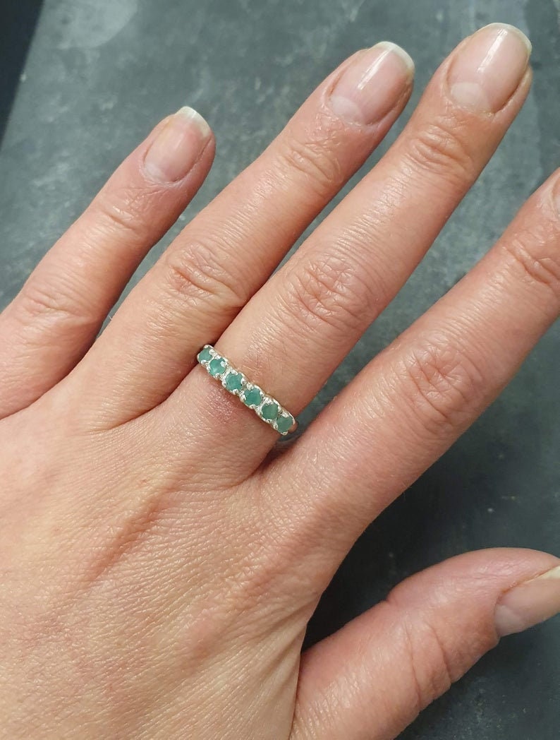 Solid Silver Ring Vintage Emerald Band May Birthstone Half Eternity Band Stackable Ring Emerald Ring Vintage Ring Natural Emerald