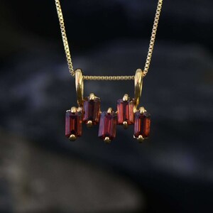 Gold Garnet Pendant, Horizontal Pendant, Natural Garnet, January Birthstone, Baguette Necklace, Red Pendant, Gold Plated Pendant, Vermeil