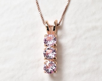 Pink Morganite Pendant, Created Morganite, Rose Gold Morganite Necklace, Pink Trilogy Necklace, Pink Stone Pendant, For Her, Bands By Adina