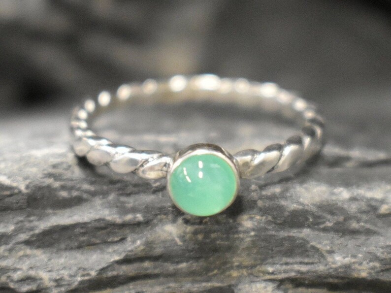Dainty Chrysoprase Ring, Natural Chrysoprase Ring, Green Gem Ring, Stackable Silver Ring, Vintage Ring, Twisted Band, Bands By Adina image 6