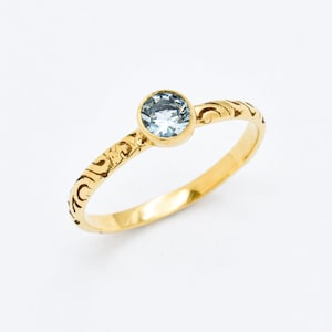 Gold Aquamarine Ring, Created Aquamarine, Embossed Band, Dainty Boho Ring, Stackable Ring, Gold Plated Ring, Bohemian Band, Gold Vermeil