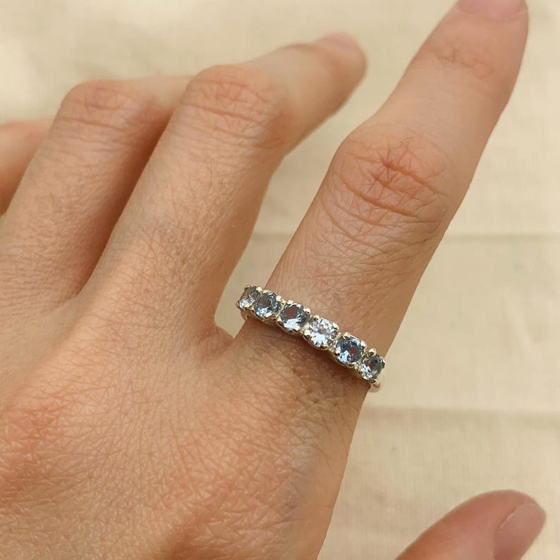 Blue Topaz Ring, Natural Topaz, Stackable Band, Half Eternity Ring, Simple Blue Band, Wedding Band, Sparkly Ring, Wave Band, 925 Silver Ring image 2