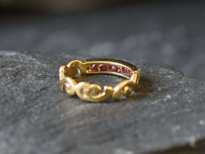 Gold Ruby Ring, Stackable Ring, Natural Ruby, July Birthstone, Vintage Ruby Ring, Gold Wave Band, Half Eternity Ring, July Ring,Gold Vermeil image 9