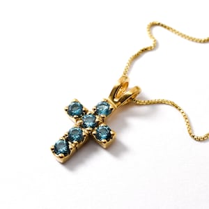 Aquamarine Cross Pendant, Gold Aquamarine Necklace, Blue Cross Necklace, March Birthstone, Created Aquamarine Pendant, Small Cross Necklace