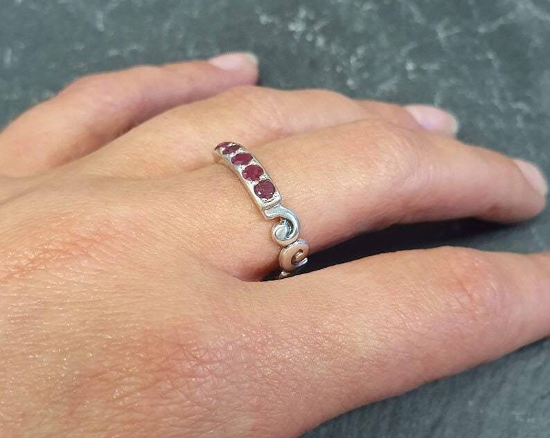 Gold Ruby Ring, Stackable Ring, Natural Ruby, July Birthstone, Vintage Ruby Ring, Gold Wave Band, Half Eternity Ring, July Ring,Gold Vermeil image 2