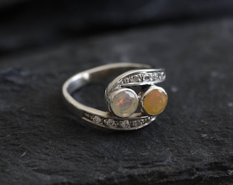 Fire Opal Ring, Natural Opal, Bypass Ring, Two Stone Ring, October Birthstone, Vintage Ring, Antique Ring, Boho Ring, Sterling Silver Ring