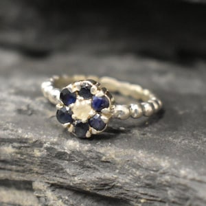 Dainty Flower Ring, Natural Sapphire Ring, Blue Gemstone Ring, Daisy Ring, September Birthstone, Floral Ring, For Her, Bands By Adina