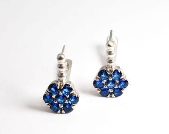 Flower Sapphire Earrings, Created Sapphire, Drop Sapphire Earrings, Blue Flower Earrings,  Vintage Earrings, September Gift, Bands By Adina