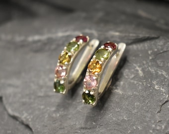 Tourmaline Earrings, Natural Tourmaline, October Birthstone, Long Studs, Gemstone Earrings, Half Hoops, Hoop Earrings, Solid Silver Earrings