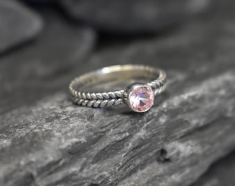 Morganite Ring, Crated Morganite, Pink Morganite Ring, Silver Braided Band, Pink Diamond Ring, VintageRing, Solitaire Ring, 925 Silver Ring
