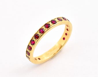 Gold Ruby Ring, Gold Half Eternity Ring, Gold Stackable Ring, Red Ruby Band, Gold Vermeil Band, Ruby Pave, Created Ruby Ring, Created Ruby