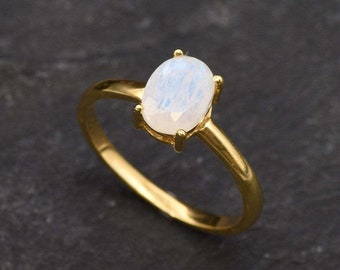 Gold Moonstone Ring, Gold Solitaire Ring, Natural Moonstone, June Birthstone, Rainbow Moonstone Ring, Gold Promise Ring, Gold Vermeil Ring