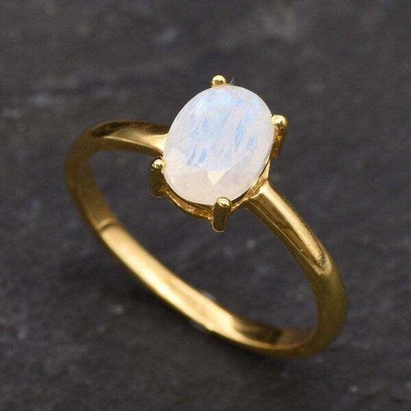 Gold Moonstone Ring, Gold Solitaire Ring, Natural Moonstone, June Birthstone, Rainbow Moonstone Ring, Gold Promise Ring, Gold Vermeil Ring