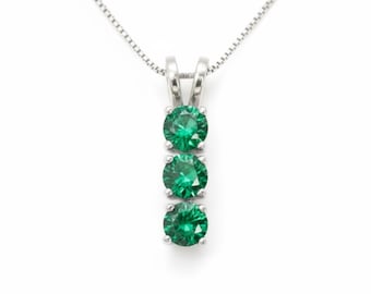 Three Stone Pendant, Emerald Pendant, Created Emerald, Emerlad Necklace, Line Pendant, Dainty Pendant, Solid Silver Pendant, Gifts for Her