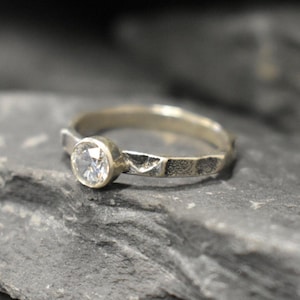 Hammered Diamond Ring, Created CZ Diamond, Stackable Ring, Dainty Ring, Solitaire Ring, Vintage Ring, Dark Hammered Band, Solid Silver Ring