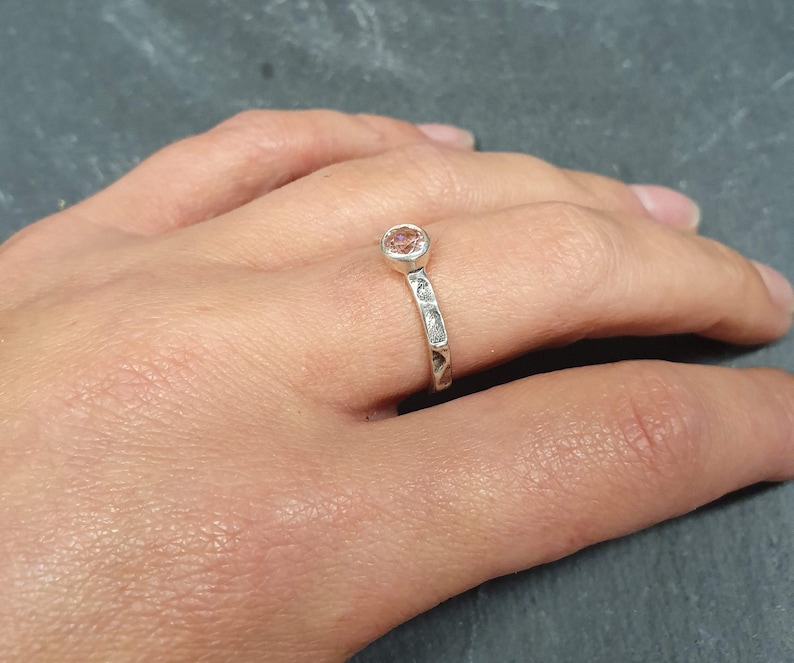 Pink Morganite Ring, Created Morganite, Hammered Band, Dainty Pink Ring, Solitaire Ring, Stackable Ring, Vintage Ring, Solid Silver Ring image 2