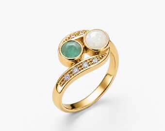 Gold Opal Ring, Natural Emerald Ring, Natural Opal RIng, GoldBypass Ring, Two Stone Ring, Gift for Her, Gold Vermeil Ring, Bands by Adina
