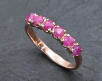 Rose Gold Ruby Band, Natural Ruby Ring, July Birthstone, Genuine Ruby Ring, Rose Gold Band, Ruby Stackable Band, 18K Rose Gold Wedding Band