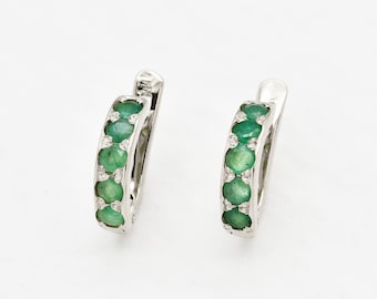 Emerald Earrings, Natural Emerald Huggies, Dainty Huggies, Emerald Studs, May Birthstone, Green Half Hoops, Hoop Studs, 925 Silver Earrings