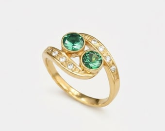 Two Stone Emerald Ring, Gold Emerald Ring, Created Emerald, Bypass Ring, Anniversary Ring, Unique Promise Ring, Bohemian Ring, Gold Vermeil