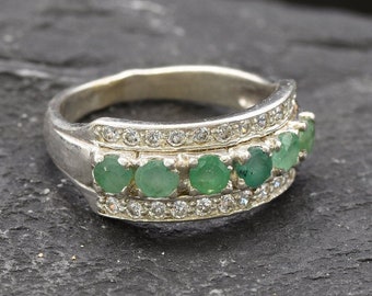 Emerald Ring, Natural Emerald, May Birthstone, Triple Silver Ring, Thick Ring, Vintage Ring, Silver Ring, Real Emerald Ring, Created Diamond