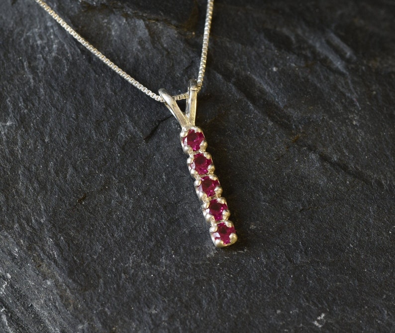 Vertical Ruby Pendant, Created Ruby Necklace, Red Ruby Necklace, July Birthstone Necklace, Silver Ruby Pendant, Bar Pendant, Bands by Adina image 9