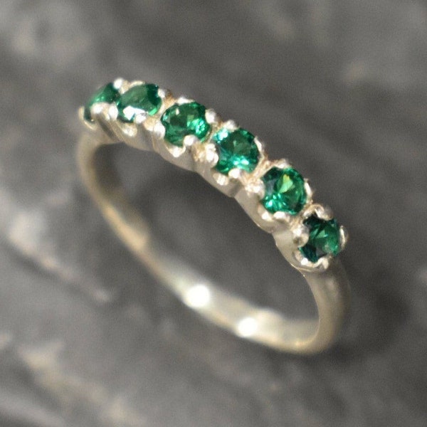 Created Emerald Ring, Created Emerald, Half Eternity Ring, Vintage Ring, Emerald Ring, Eternity Ring, Wave Band, Solid Silver Ring, Emerald