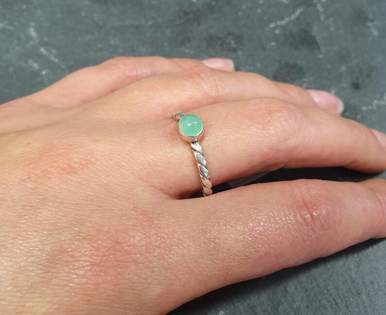 Dainty Chrysoprase Ring, Natural Chrysoprase Ring, Green Gem Ring, Stackable Silver Ring, Vintage Ring, Twisted Band, Bands By Adina image 2