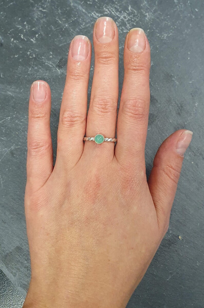 Dainty Chrysoprase Ring, Natural Chrysoprase Ring, Green Gem Ring, Stackable Silver Ring, Vintage Ring, Twisted Band, Bands By Adina image 7