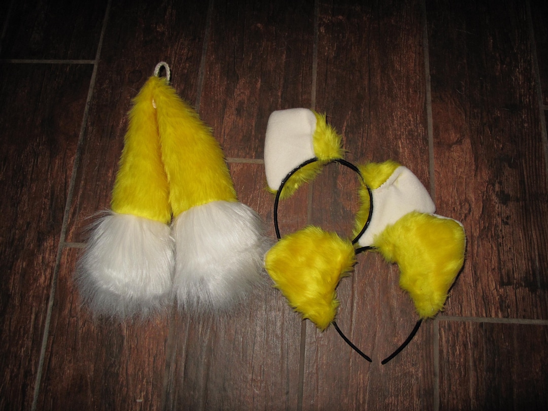 Sonic Tails Yellow Fox Faux Fur Ears on Headband, 10 Double Tails for ...